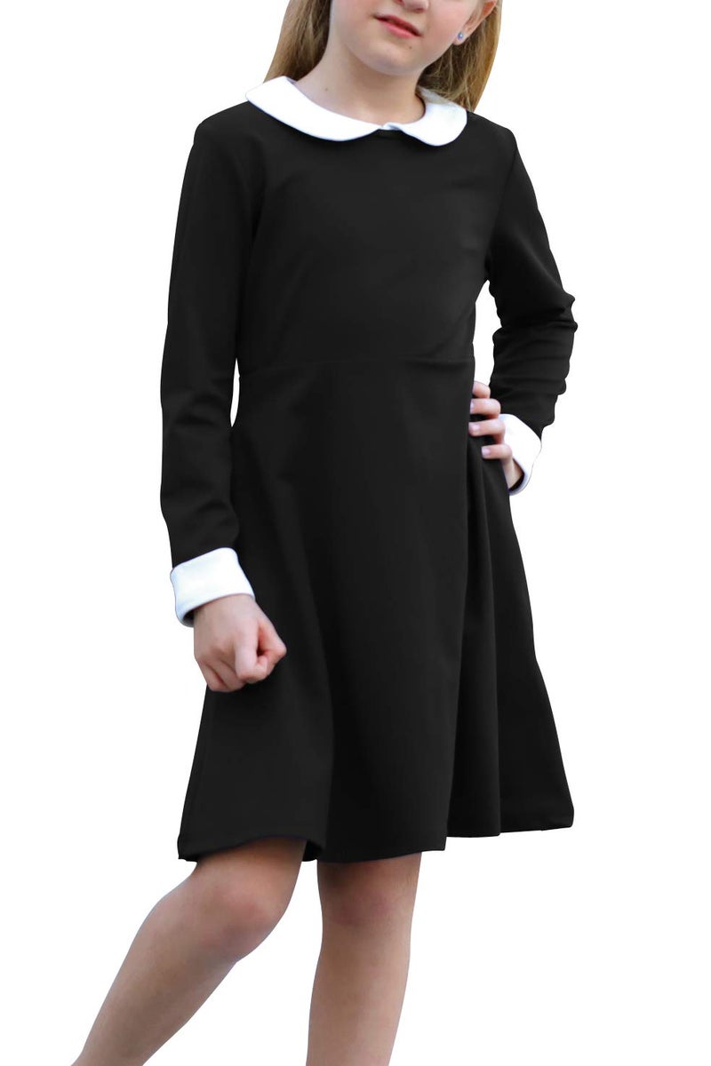 GORLYA Girl's Long Sleeve Casual Vintage Peter Pan Collar Fit and Flare Skater Party Dress with Pockets (GOR1006, 6-7Y, Black) - Image 1